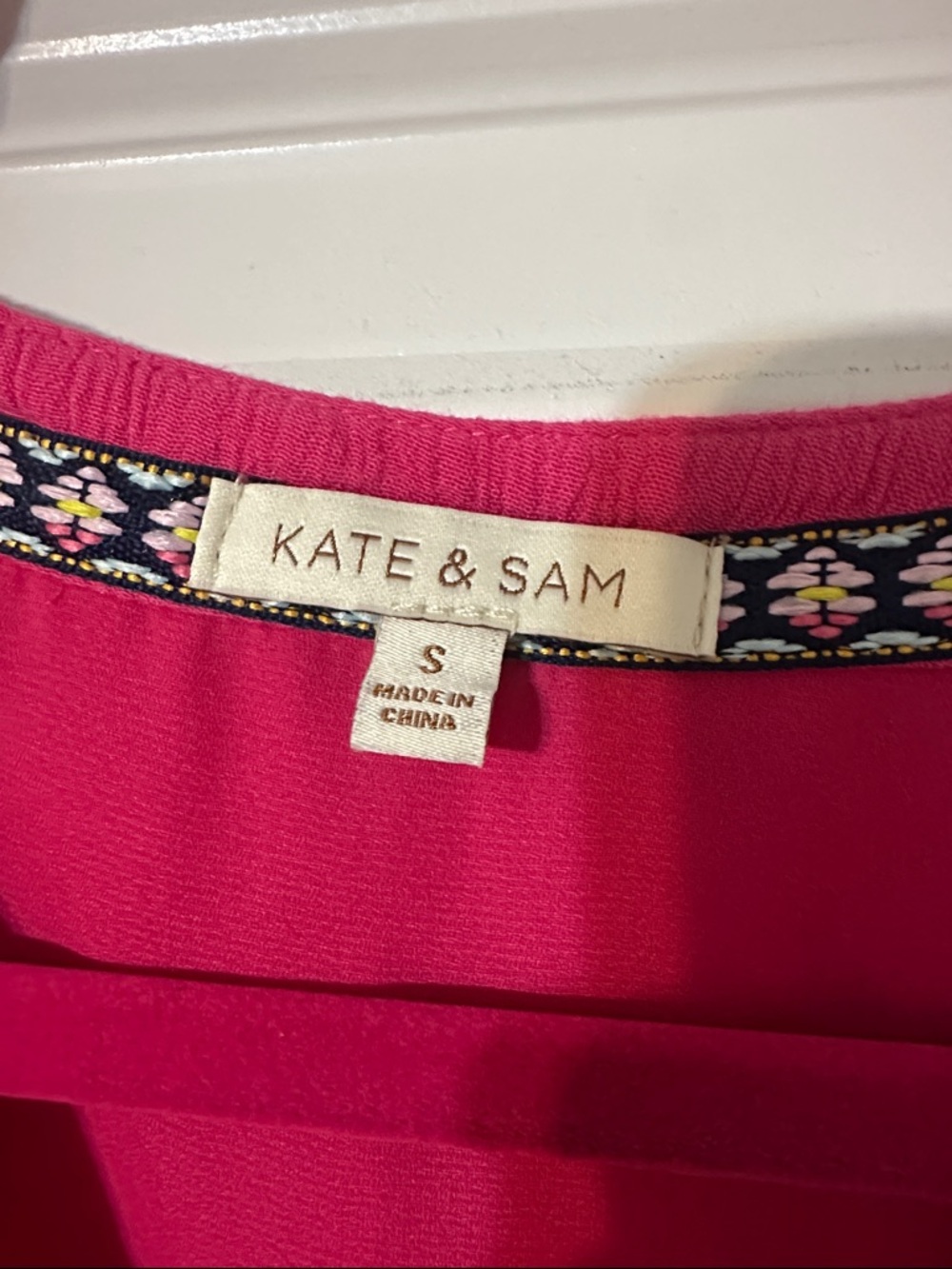 Kate & Sam Hot Pink Dress with Embroidered Neck Trim - Picture 2 of 3